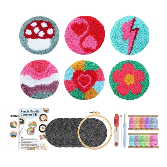 Punch Needle Kits Adults Beginner, 6 Pack DIY Coaster Making Kit, Handmade Craft Gift for Hobby Lovers (mix)