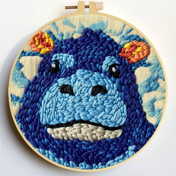 Punch Needle Kits Animal Hippo DIY Embroidery Starter Set with Hoop Easy for Beginners Stress Relief Handmade Craft Hobby and Home Decor 20x20cm-1