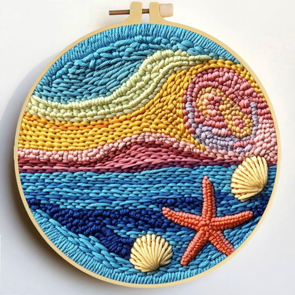 Punch Needle Kits Beach Starfish Shells Sunset DIY Embroidery Starter Set with Hoop Easy for Beginners Stress Relief Handmade Craft Hobby and Home Decor 20x20cm-2