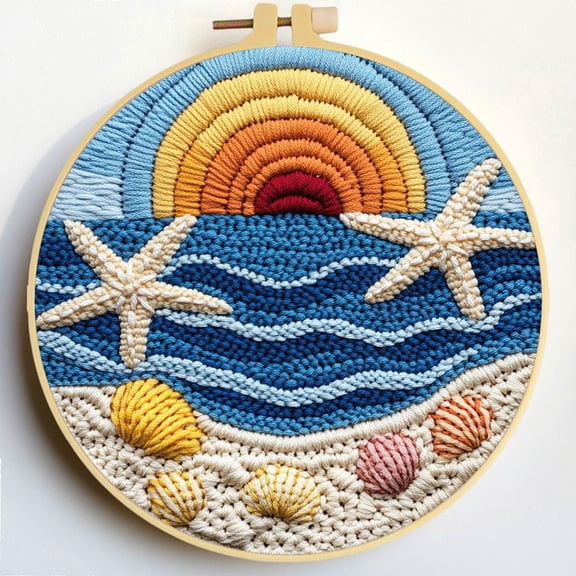 Punch Needle Kits Beach Starfish Shells Sunset DIY Embroidery Starter Set with Hoop Easy for Beginners Stress Relief Handmade Craft Hobby and Home Decor 20x20cm-7