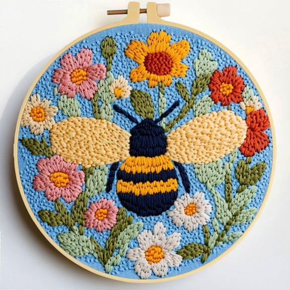 Punch Needle Kits Bee in Flowers DIY Embroidery Starter Set with Hoop Easy for Beginners Stress Relief Handmade Craft Hobby and Home Decor 20x20cm-1