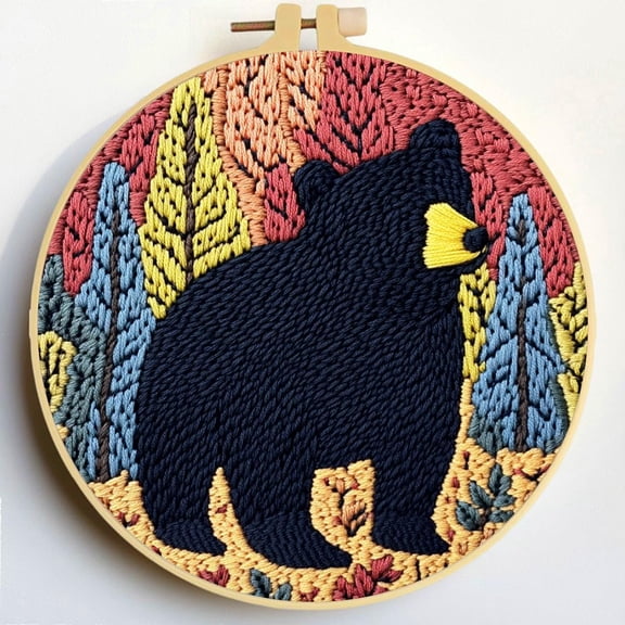 Punch Needle Kits Black Bear and Tree DIY Embroidery Starter Set with Hoop Easy for Beginners Stress Relief Handmade Craft Hobby and Home Decor 20x20cm-18