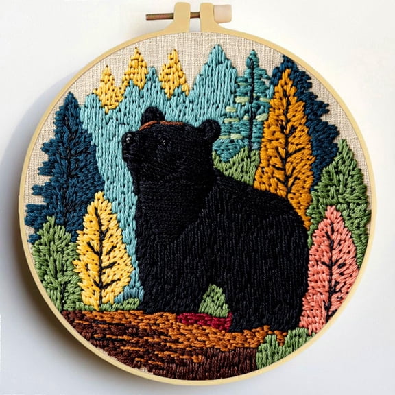 Punch Needle Kits Black Bear and Tree DIY Embroidery Starter Set with Hoop Easy for Beginners Stress Relief Handmade Craft Hobby and Home Decor 20x20cm-2