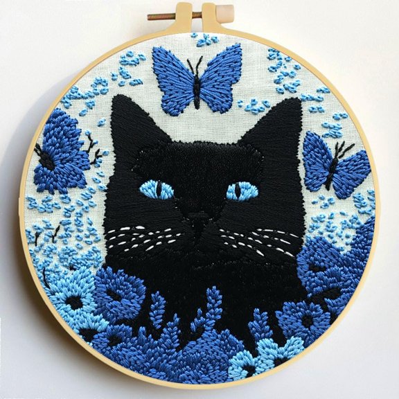 Punch Needle Kits Black Cat and Butterflies DIY Embroidery Starter Set with Hoop Easy for Beginners Stress Relief Handmade Craft Hobby and Home Decor 20x20cm-1