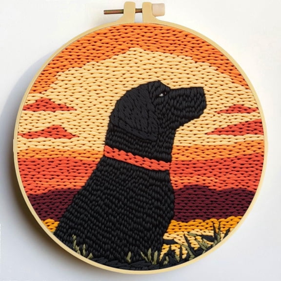 Punch Needle Kits Black Labrador under Sunset DIY Embroidery Starter Set with Hoop Easy for Beginners Stress Relief Handmade Craft Hobby and Home Decor 20x20cm-2
