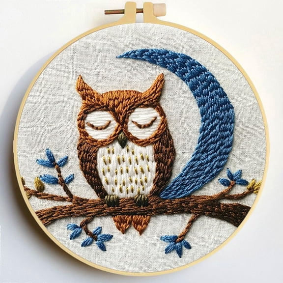 Punch Needle Kits Brown Owl and Moon Embroidery Starter Set with Hoop Easy for Beginners DIY Stress Relief Handmade Craft Hobby and Home Decor 20x20cm-1