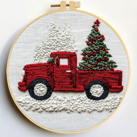Punch Needle Kits Christmas Truck with Tree Embroidery Starter Set with Hoop Easy for Beginners DIY Stress Relief Handmade Craft Hobby and Home Decor 20x20cm-1