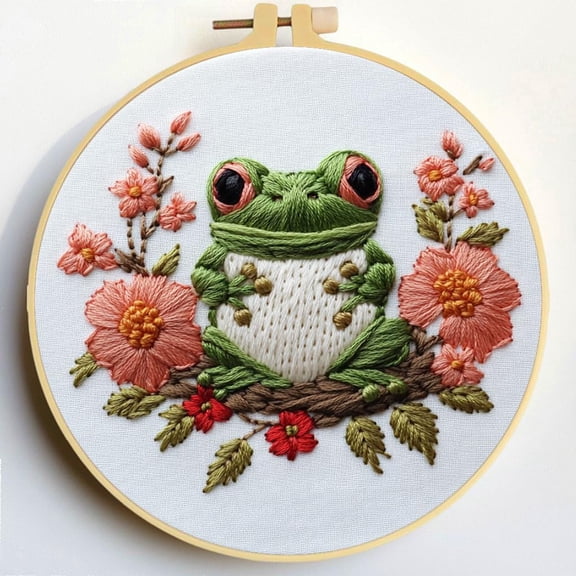 Punch Needle Kits Cute Frog and Flowers Embroidery Starter Set with Hoop Easy for Beginners DIY Stress Relief Handmade Craft Hobby and Home Decor 20x20cm-2