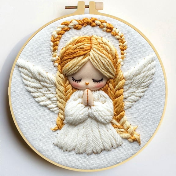 Punch Needle Kits Cute Little Praying Angel Embroidery Starter Set with Hoop Easy for Beginners DIY Stress Relief Handmade Craft Hobby and Home Decor 20x20cm-1