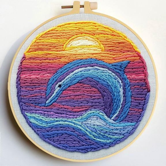 Punch Needle Kits Dolphin and Sunset Embroidery Starter Set with Hoop Easy for Beginners DIY Stress Relief Handmade Craft Hobby and Home Decor 20x20cm-1