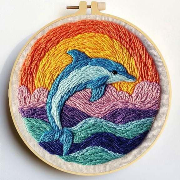 Punch Needle Kits Dolphin and Sunset Embroidery Starter Set with Hoop Easy for Beginners DIY Stress Relief Handmade Craft Hobby and Home Decor 20x20cm-2