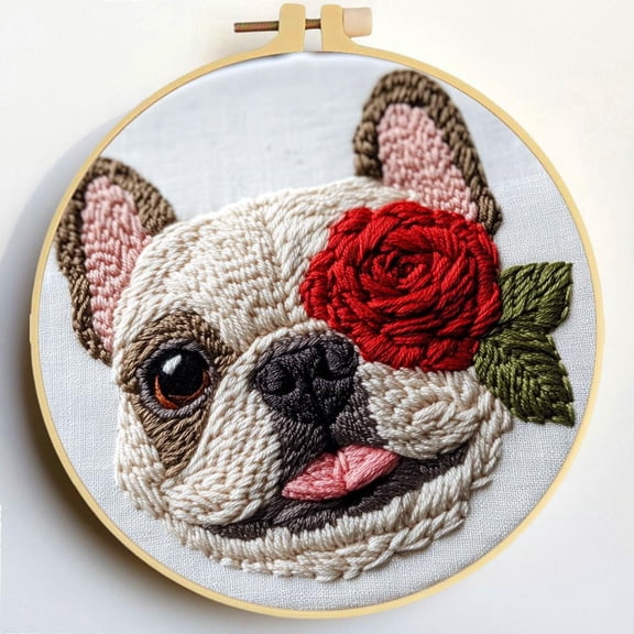 Punch Needle Kits French Bulldog Mouth Red Rose Embroidery Starter Set with Hoop Easy for Beginners DIY Stress Relief Handmade Craft Hobby and Home Decor 20x20cm-3