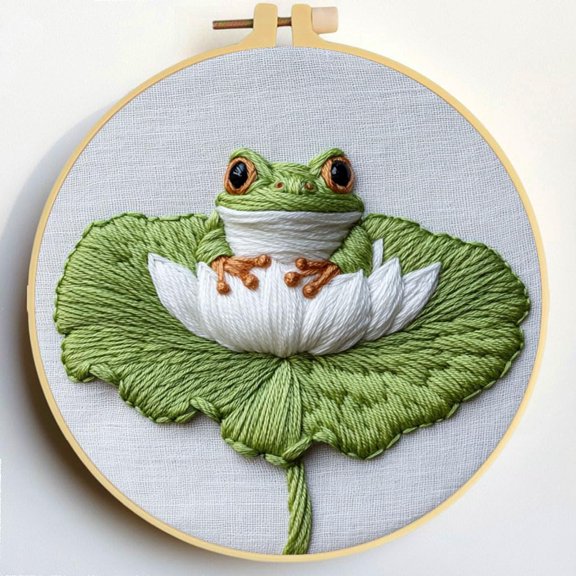 Punch Needle Kits Frog in Pond Embroidery Starter Set with Hoop Easy for Beginners DIY Stress Relief Handmade Craft Hobby and Home Decor 20x20cm