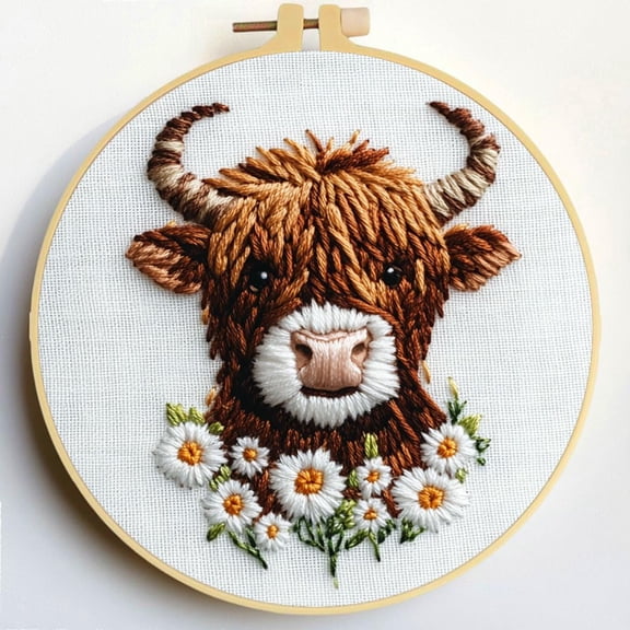 Punch Needle Kits Highland Cow in Daisy Embroidery Starter Set with Hoop Easy for Beginners DIY Stress Relief Handmade Craft Hobby and Home Decor 20x20cm-8