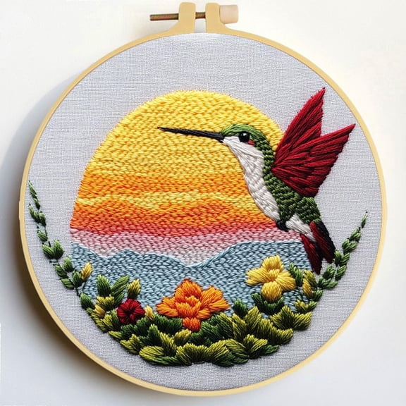 Punch Needle Kits A Hummingbird and Sunset Embroidery Starter Set with Hoop Easy for Beginners DIY Stress Relief Handmade Craft Hobby and Home Decor 20x20cm-3