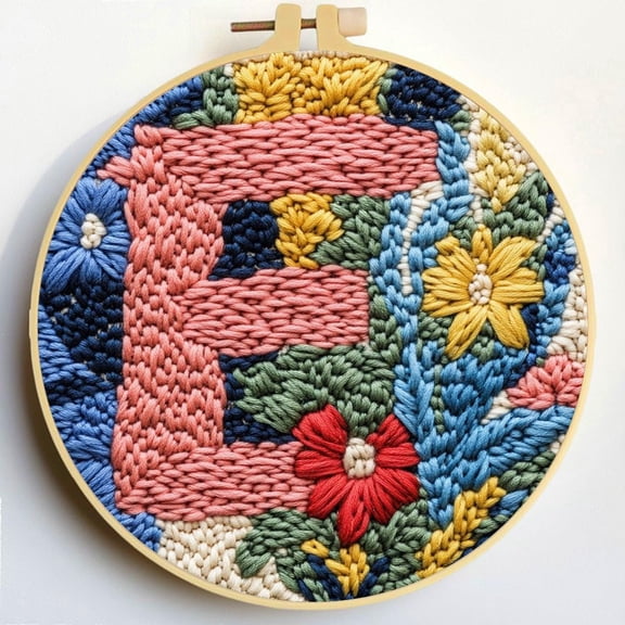 Punch Needle Kits Letter D and Flowers Embroidery Starter Set with Hoop Easy for Beginners DIY Stress Relief Handmade Craft Hobby and Home Decor 20x20cm-2