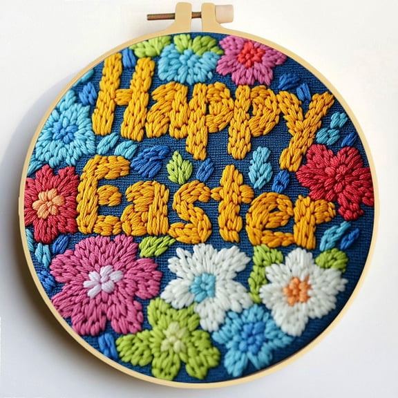 Punch Needle Kits Letter Happy Easter and Flowers Embroidery Starter Set with Hoop Easy for Beginners DIY Stress Relief Handmade Craft Hobby and Home Decor 20x20cm-2