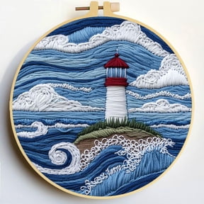 Punch Needle Kits Lighthouse and Blue Sea Embroidery Starter Set with Hoop Easy for Beginners DIY Stress Relief Handmade Craft Hobby and Home Decor 20x20cm-1