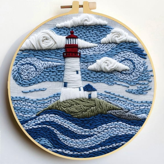 Punch Needle Kits Lighthouse and Sea Embroidery Starter Set with Hoop Easy for Beginners DIY Stress Relief Handmade Craft Hobby and Home Decor 20x20cm-3
