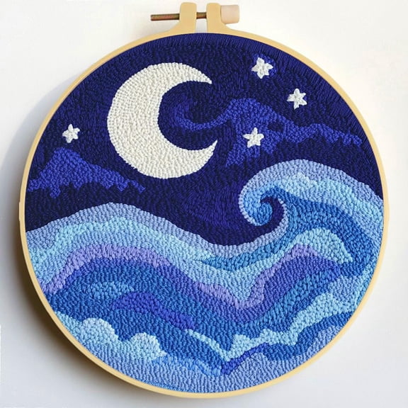 Punch Needle Kits Moon and Staryy Night Scenery DIY Embroidery Starter Set with Hoop Easy for Beginners Stress Relief Handmade Craft Hobby and Home Decor 20x20cm-10