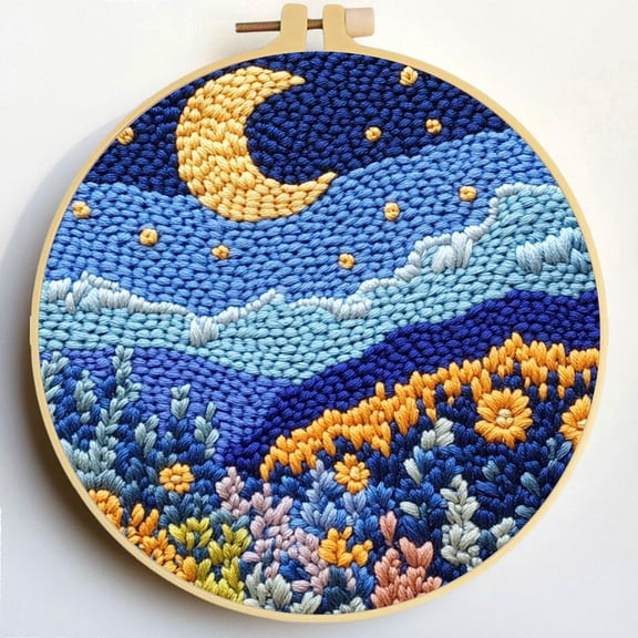 Punch Needle Kits Moon and Staryy Night Scenery DIY Embroidery Starter Set with Hoop Easy for Beginners Stress Relief Handmade Craft Hobby and Home Decor 20x20cm-12