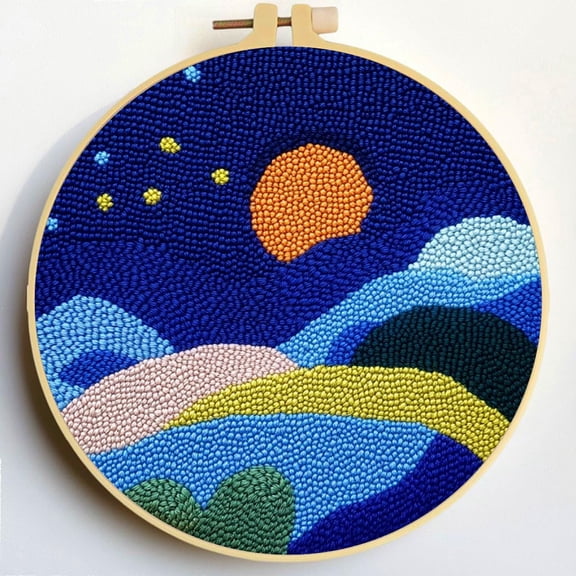 Punch Needle Kits Moon and Staryy Night Scenery DIY Embroidery Starter Set with Hoop Easy for Beginners Stress Relief Handmade Craft Hobby and Home Decor 20x20cm-19