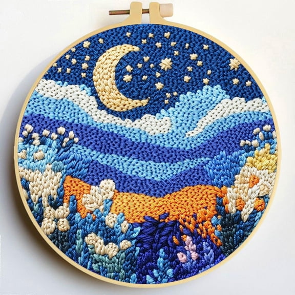 Punch Needle Kits Moon and Staryy Night Scenery DIY Embroidery Starter Set with Hoop Easy for Beginners Stress Relief Handmade Craft Hobby and Home Decor 20x20cm-1
