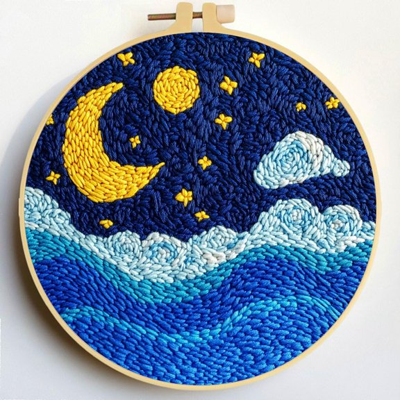 Punch Needle Kits Moon and Staryy Night Scenery DIY Embroidery Starter Set with Hoop Easy for Beginners Stress Relief Handmade Craft Hobby and Home Decor 20x20cm-6