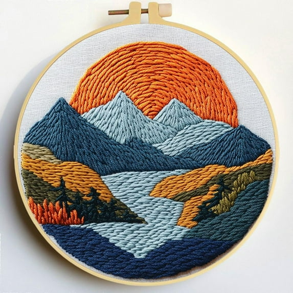 Punch Needle Kits Natural Landscape Sunset Mountains Embroidery Starter Set with Hoop Easy for Beginners DIY Stress Relief Handmade Craft Hobby and Home Decor 20x20cm-3