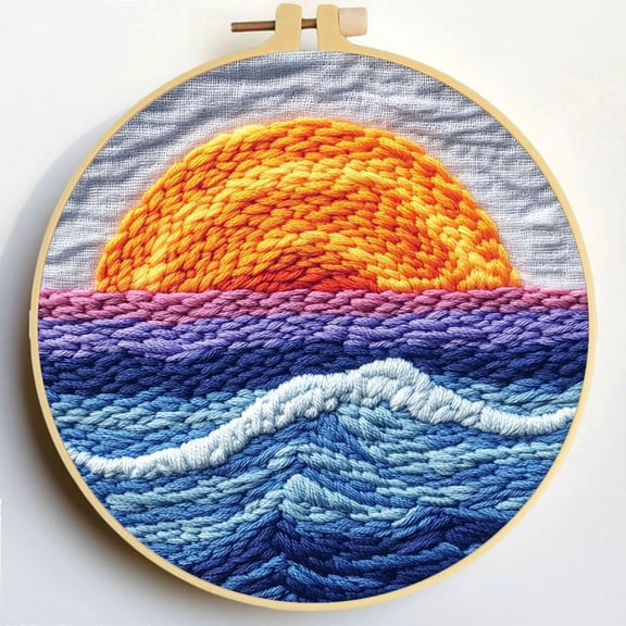 Punch Needle Kits Natural Landscape Sunset and Sea Embroidery Starter Set with Hoop Easy for Beginners DIY Stress Relief Handmade Craft Hobby and Home Decor 20x20cm-2
