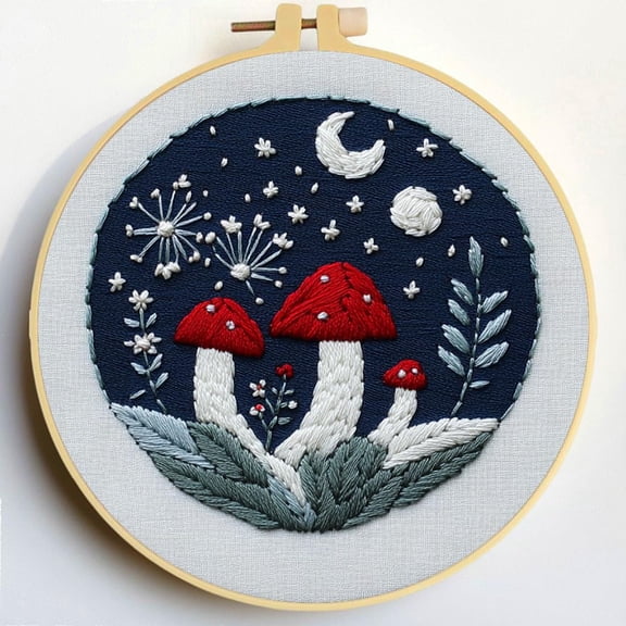 Punch Needle Kits Night Moon and Red Mushroom Embroidery Starter Set with Hoop Easy for Beginners DIY Stress Relief Handmade Craft Hobby and Home Decor 20x20cm-6