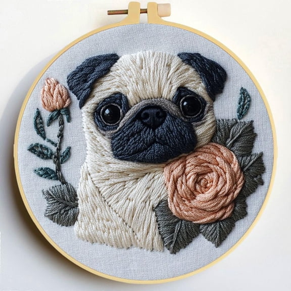 Punch Needle Kits Pug Dog and Rose Embroidery Starter Set with Hoop Easy for Beginners DIY Stress Relief Handmade Craft Hobby and Home Decor 20x20cm-2