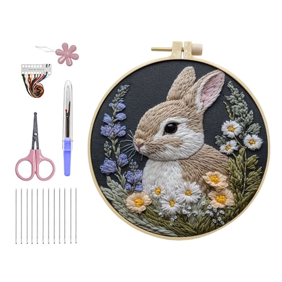 Punch Needle Kits Rabbit in Flowers Embroidery Starter Set with 1 material package + 1 frame +1 scissors set, Easy for Beginners DIY Stress Relief Handmade Craft Hobby and Home Decor