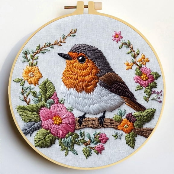 Punch Needle Kits A Robbin Bird and Flowers Embroidery Starter Set with Hoop Easy for Beginners DIY Stress Relief Handmade Craft Hobby and Home Decor 20x20cm-1