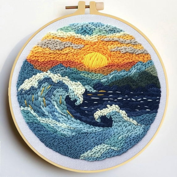 Punch Needle Kits Sea Waves and Sunset Mountains Embroidery Starter Set with Hoop Easy for Beginners DIY Stress Relief Handmade Craft Hobby and Home Decor 20x20cm-1