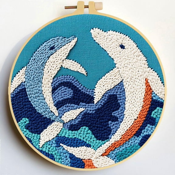 Punch Needle Kits Sea Whale and Dolphin DIY Embroidery Starter Set with Hoop Easy for Beginners Stress Relief Handmade Craft Hobby and Home Decor 20x20cm-2