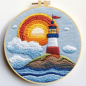 Punch Needle Kits Seaside Lighthouse and Sunset Embroidery Starter Set with Hoop Easy for Beginners DIY Stress Relief Handmade Craft Hobby and Home Decor 20x20cm-1