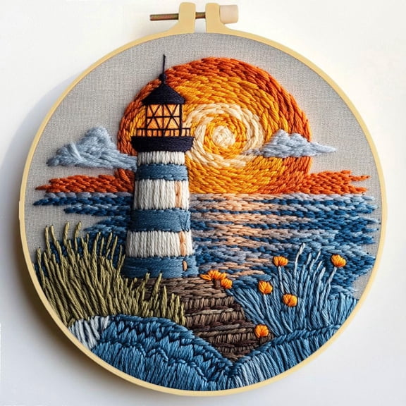 Punch Needle Kits Seaside Lighthouse and Sunset Embroidery Starter Set with Hoop Easy for Beginners DIY Stress Relief Handmade Craft Hobby and Home Decor 20x20cm-3