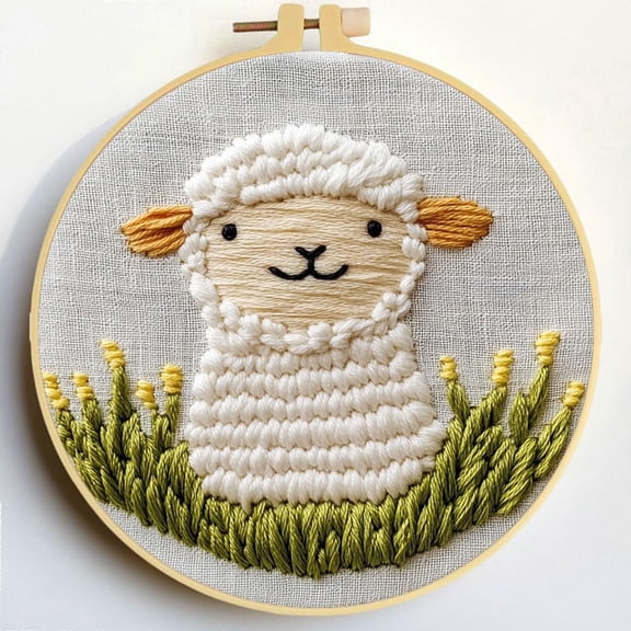 Punch Needle Kits Sheep in Grass Embroidery Starter Set with Hoop Easy for Beginners DIY Stress Relief Handmade Craft Hobby and Home Decor 20x20cm-1