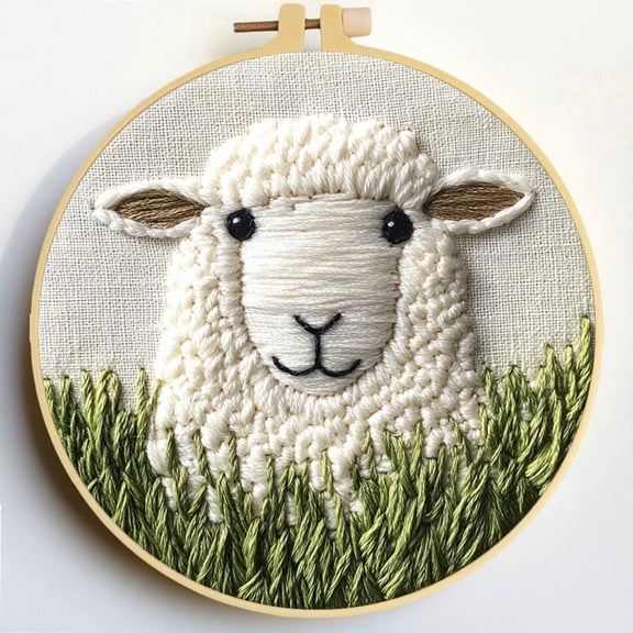 Punch Needle Kits Sheep in Grass Embroidery Starter Set with Hoop Easy for Beginners DIY Stress Relief Handmade Craft Hobby and Home Decor 20x20cm-4