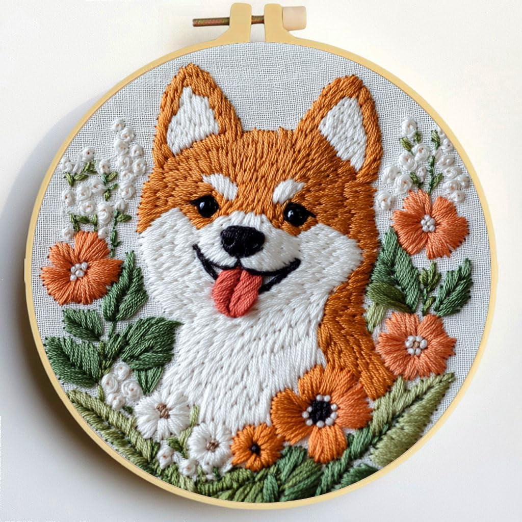 Punch Needle Kits Shiba Inu Dog in Flowers Embroidery Starter Set with ...