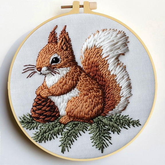 Punch Needle Kits Squirrel and Pine Cone Embroidery Starter Set with Hoop Easy for Beginners DIY Stress Relief Handmade Craft Hobby and Home Decor 20x20cm-1