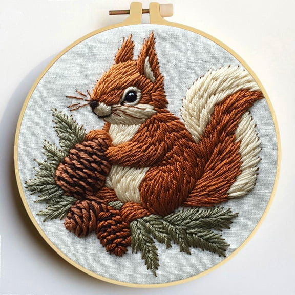 Punch Needle Kits Squirrel and Pine Cone Embroidery Starter Set with Hoop Easy for Beginners DIY Stress Relief Handmade Craft Hobby and Home Decor 20x20cm-6