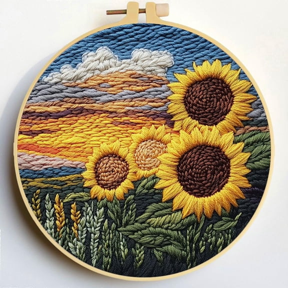 Punch Needle Kits Sunflowers under Sunset Embroidery Starter Set with Hoop Easy for Beginners DIY Stress Relief Handmade Craft Hobby and Home Decor 20x20cm-3
