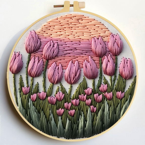 Punch Needle Kits Tulips under Sunset Embroidery Starter Set with Hoop Easy for Beginners DIY Stress Relief Handmade Craft Hobby and Home Decor 20x20cm-3