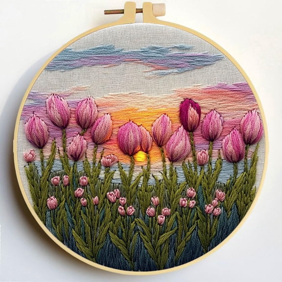 Punch Needle Kits Tulips under Sunset Embroidery Starter Set with Hoop Easy for Beginners DIY Stress Relief Handmade Craft Hobby and Home Decor 20x20cm-5