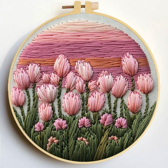 Punch Needle Kits Tulips under Sunset Embroidery Starter Set with Hoop Easy for Beginners DIY Stress Relief Handmade Craft Hobby and Home Decor 20x20cm-6
