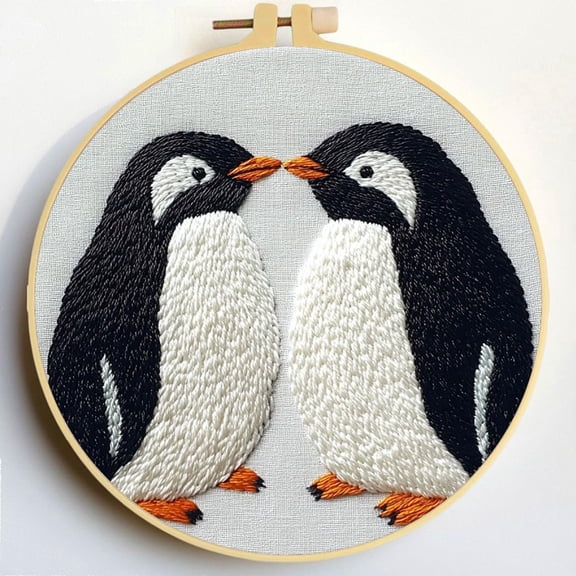 Punch Needle Kits Two Penguins Hand By Hand Embroidery Starter Set with Hoop Easy for Beginners DIY Stress Relief Handmade Craft Hobby and Home Decor 20x20cm-1