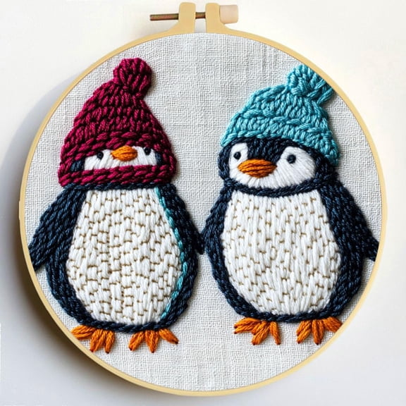 Punch Needle Kits Two Penguins Wear Hat Embroidery Starter Set with Hoop Easy for Beginners DIY Stress Relief Handmade Craft Hobby and Home Decor 20x20cm-3