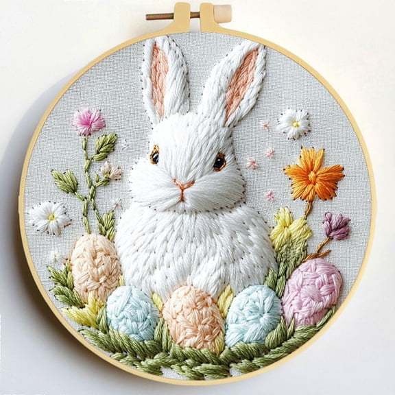 Punch Needle Kits A White Rabbit and Easter Eggs Embroidery Starter Set with Hoop Easy for Beginners DIY Stress Relief Handmade Craft Hobby and Home Decor 20x20cm-3
